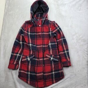 American Eagle Coat Womens XS Red Navy Plaid Hooded Long Parka Drawstring Winter